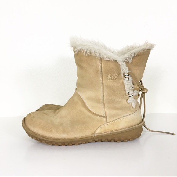 Sorel Shoes - Sorel Tan Fur Line Suede Leather Lace Up Back Boot